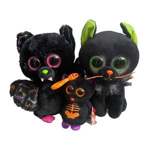 TY Halloween Beanies Lot Of 3 -6” Oleander/Cat, 6” Dart/Owl  & 3” Fangs/Bat Clip